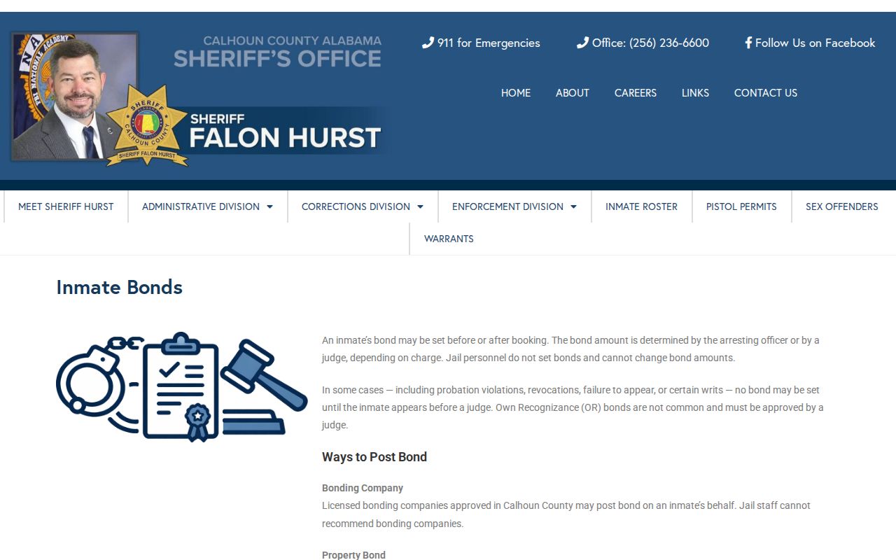 Calhoun County Sheriff's Office inmate bonds page explaining bond and release-order rules