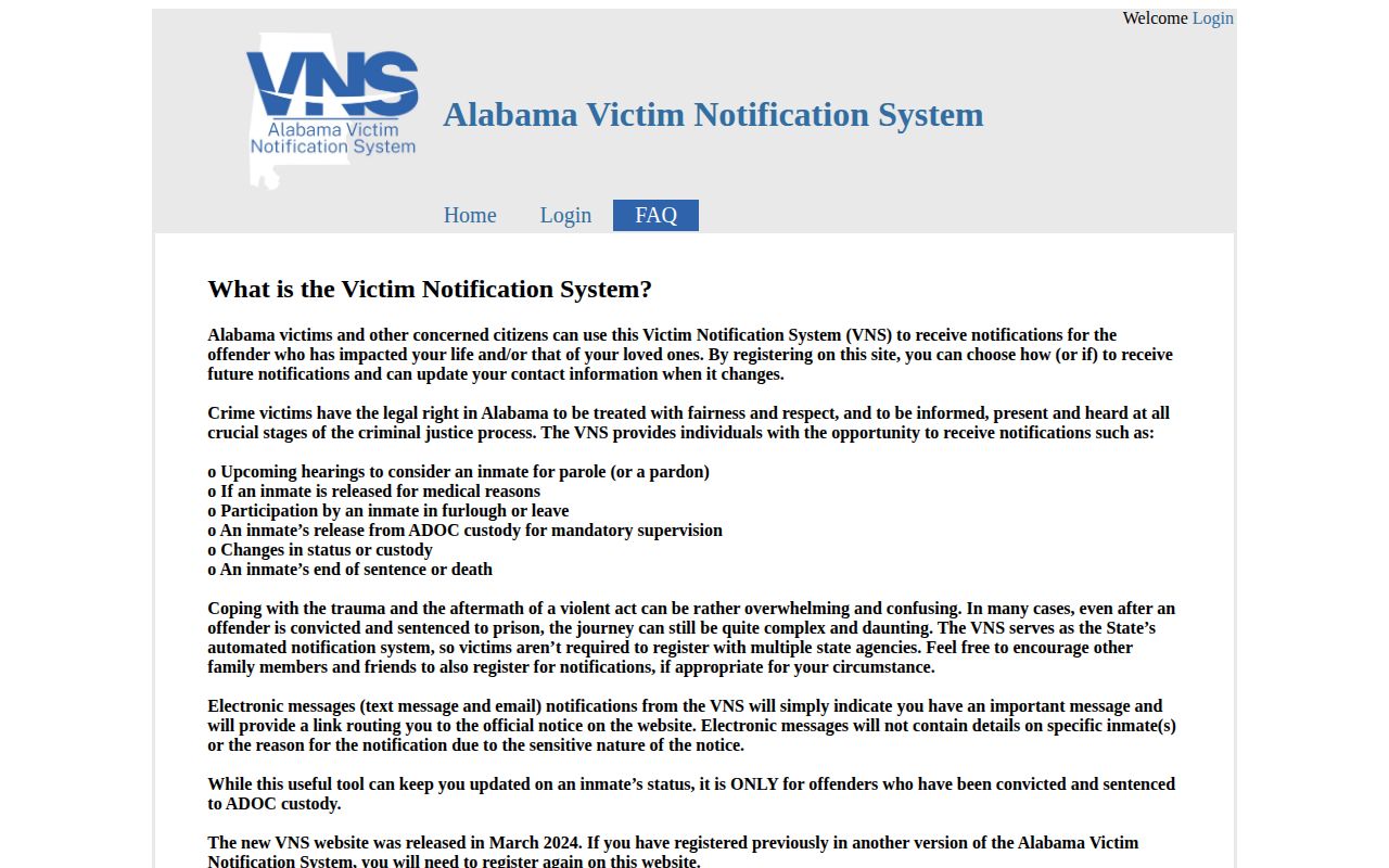 Alabama Victim Notification System page with state release notification fields