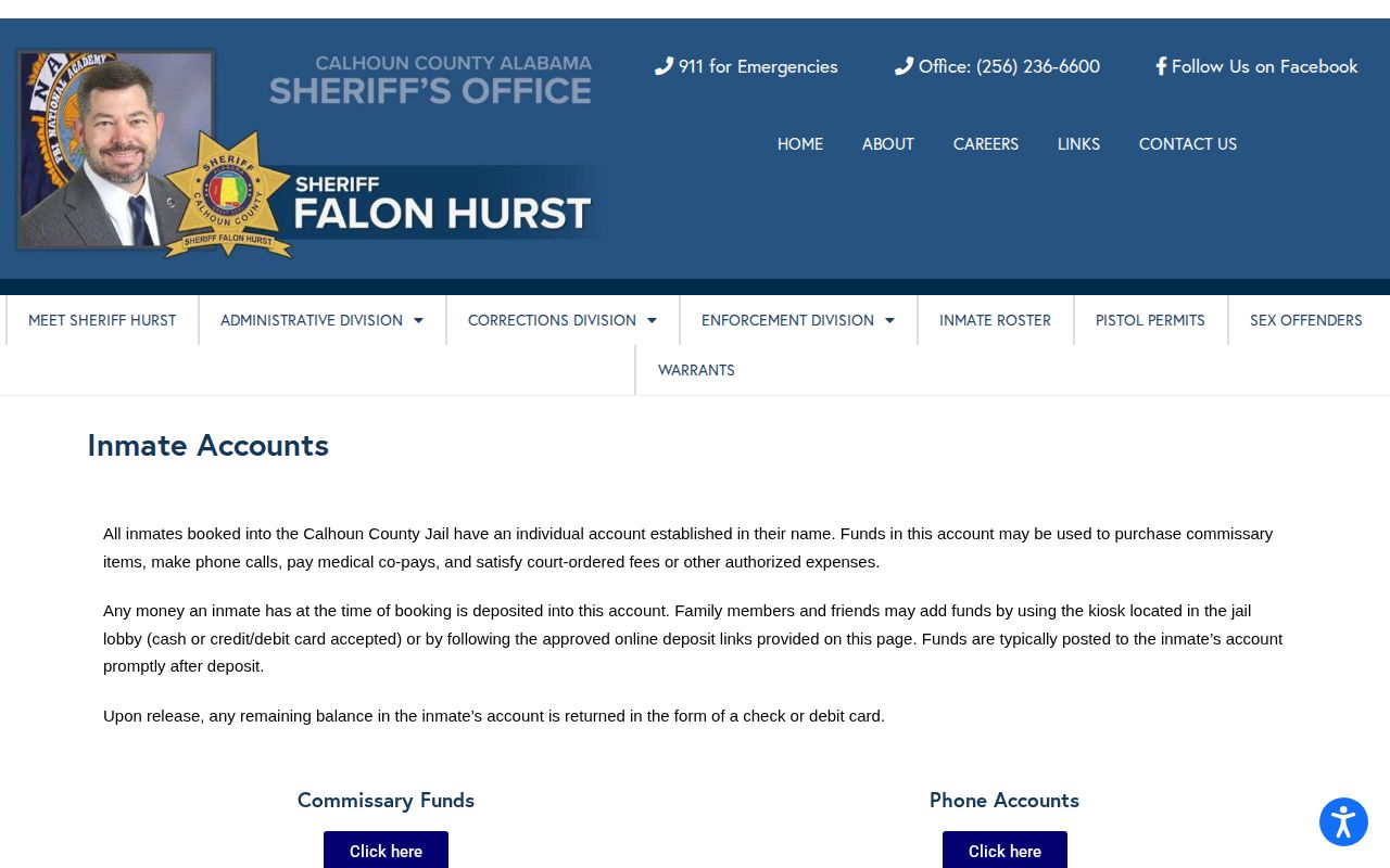 Calhoun County Jail release funds inmate account page